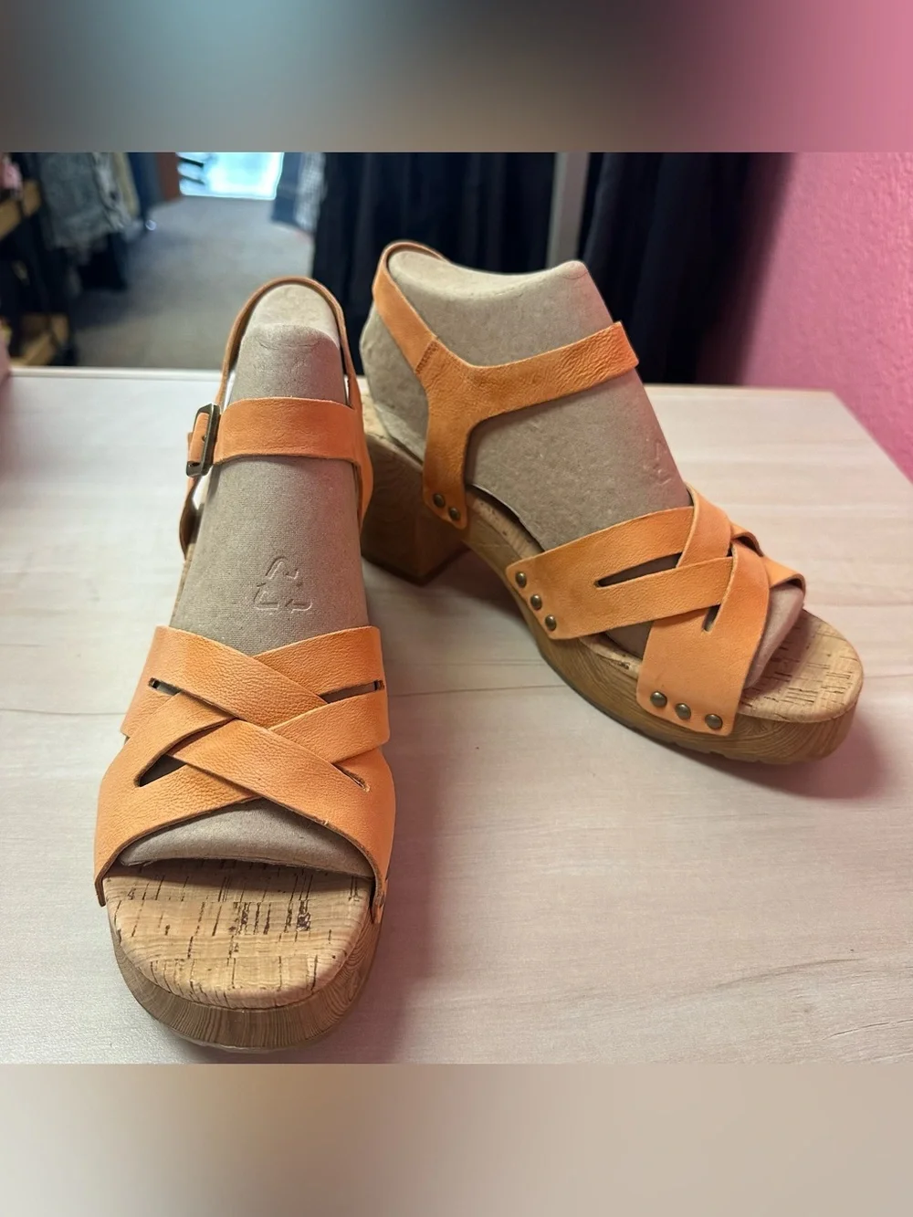 Kork-Ease Orange Leather Crisscross Platform Sandals